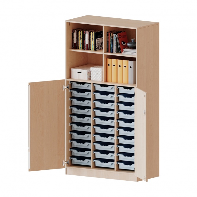 ErgoTray Schrank, 3reihig, 3OH unten Türen, 30 flache Boxen, oben 2OH Regal, B/H/T 104,5x190x50cm 